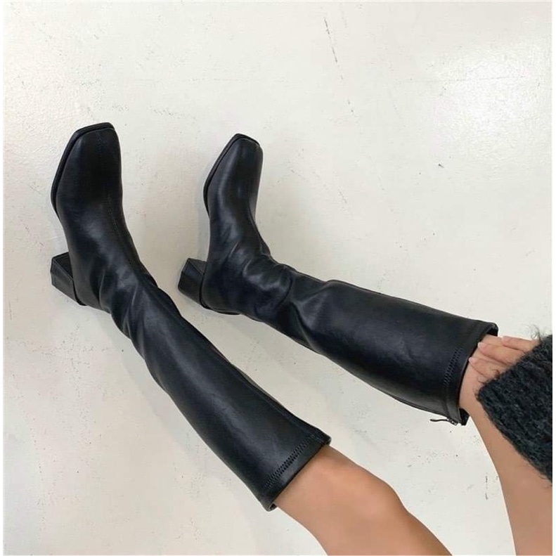 Boots đùi nữ mũi vuông da lì khóa sau cao gót 5 phân | BigBuy360 - bigbuy360.vn