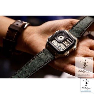 Dây đồng hồ casio da bò xanh rêu da bò thật