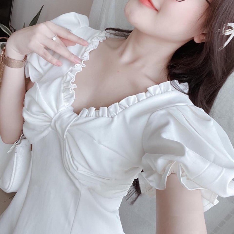 Đầm nhung nhíu ngực bigsize cho người béo mập - đàm a cổ viền bèo
