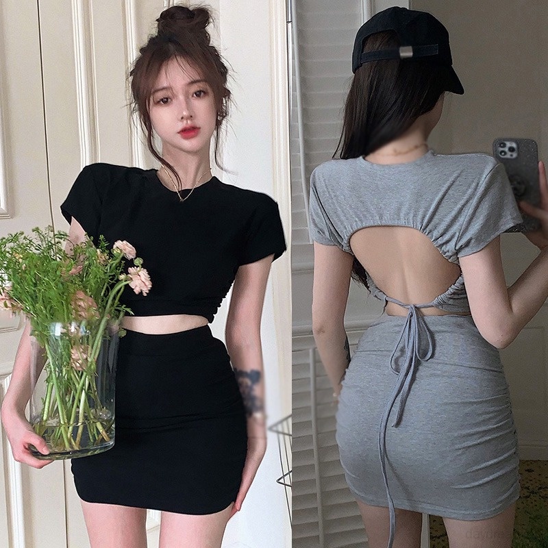 Set Áo Croptop Cột Dây + Chân Váy Lưng Cao Thiết Kế Mỏng Quyến Rũ Thời Trang Dành Cho Nữ