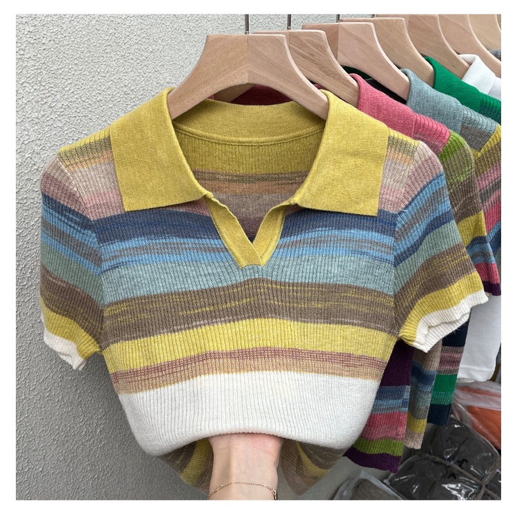 Áo dệt kim SUXI ngắn tay họa tiết kẻ sọc màu sắc tương phản phong cách vintage thời trang mùa hè cho nữ