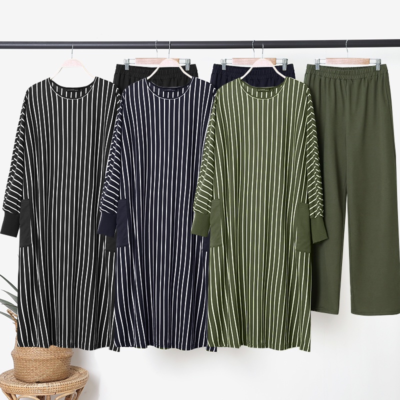 ZANZEA Set Áo Tay Dài Kẻ Sọc Và Quần Dài Lưng Thun Thời Trang Cho Phụ Nữ Hồi Giáo