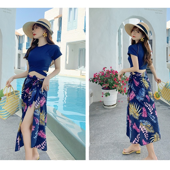 Bộ đồ bơi ba món kín đáo với áo bơi có tay, quần short và khăn choàng họa tiết cây lá mùa hè kiểu dáng Hàn Quốc 8107