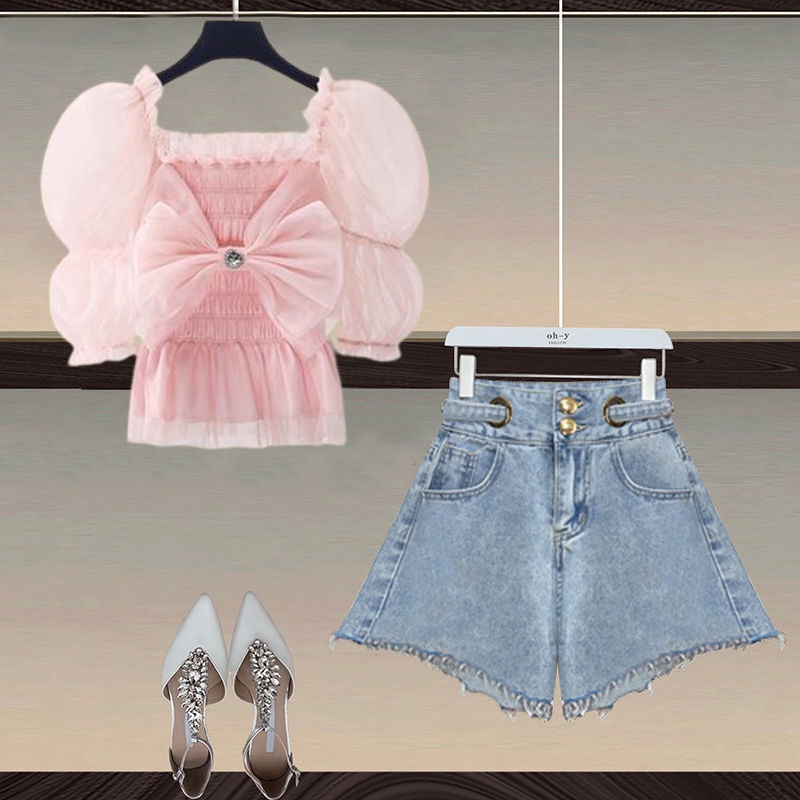 Large size women's summer suit 2022 new bow waist shirt slim waist jeans two sets