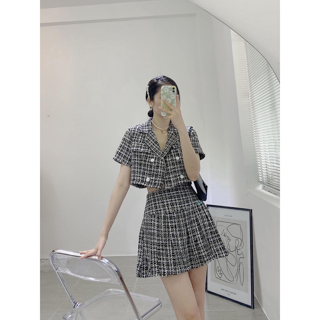 SET CROP DẠ CARO + CHÂN VÁY BÈO