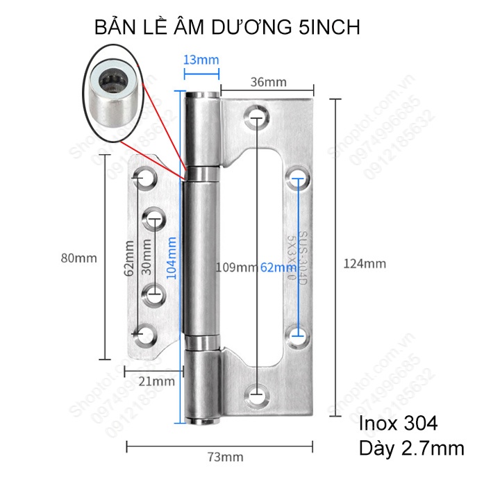 Bản lề lá cánh bướm - âm dương loại 5 inch (5x4) bằng inox 304 dày 2.5mm cho cửa gỗ, cửa nhựa, cửa nhôm