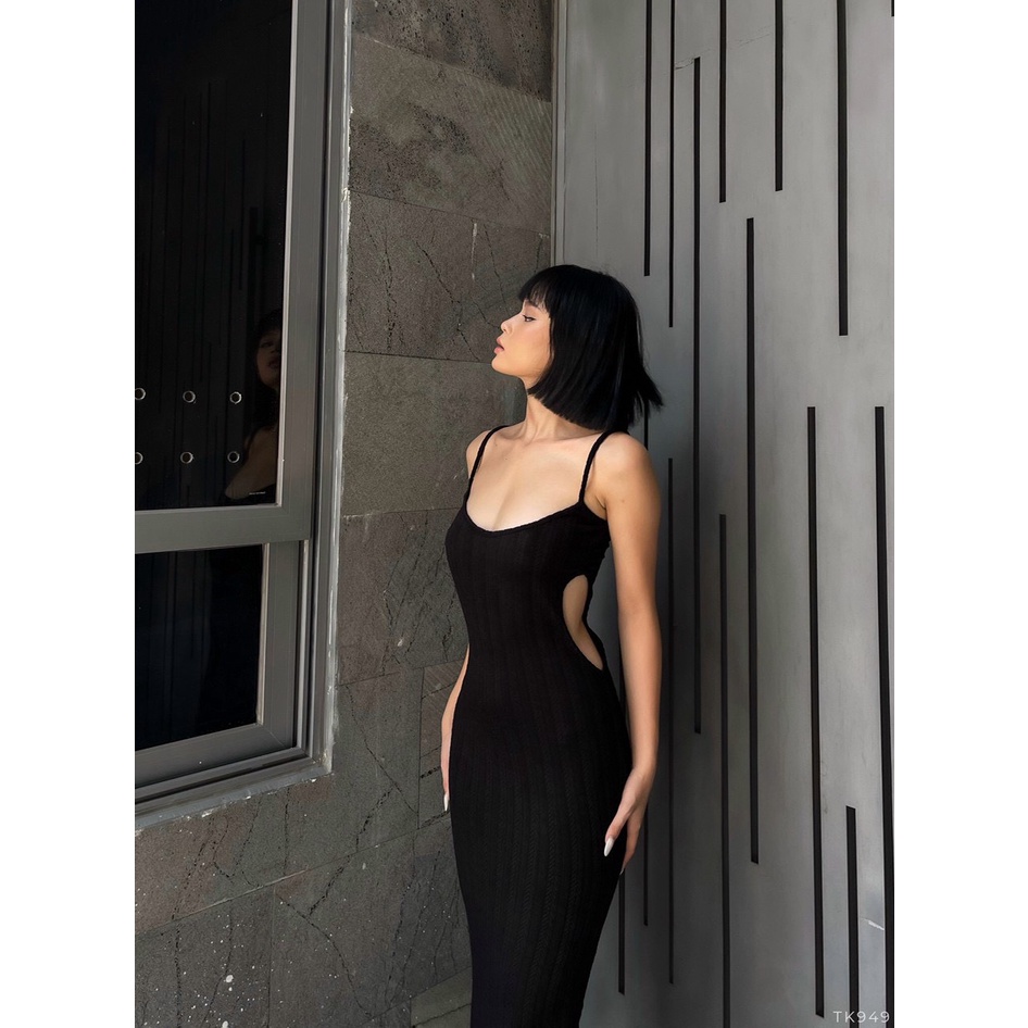 Đầm body nữ hai dây khoét eo dáng dài qua gối, đầm midi dáng ôm sexy NPDAM016