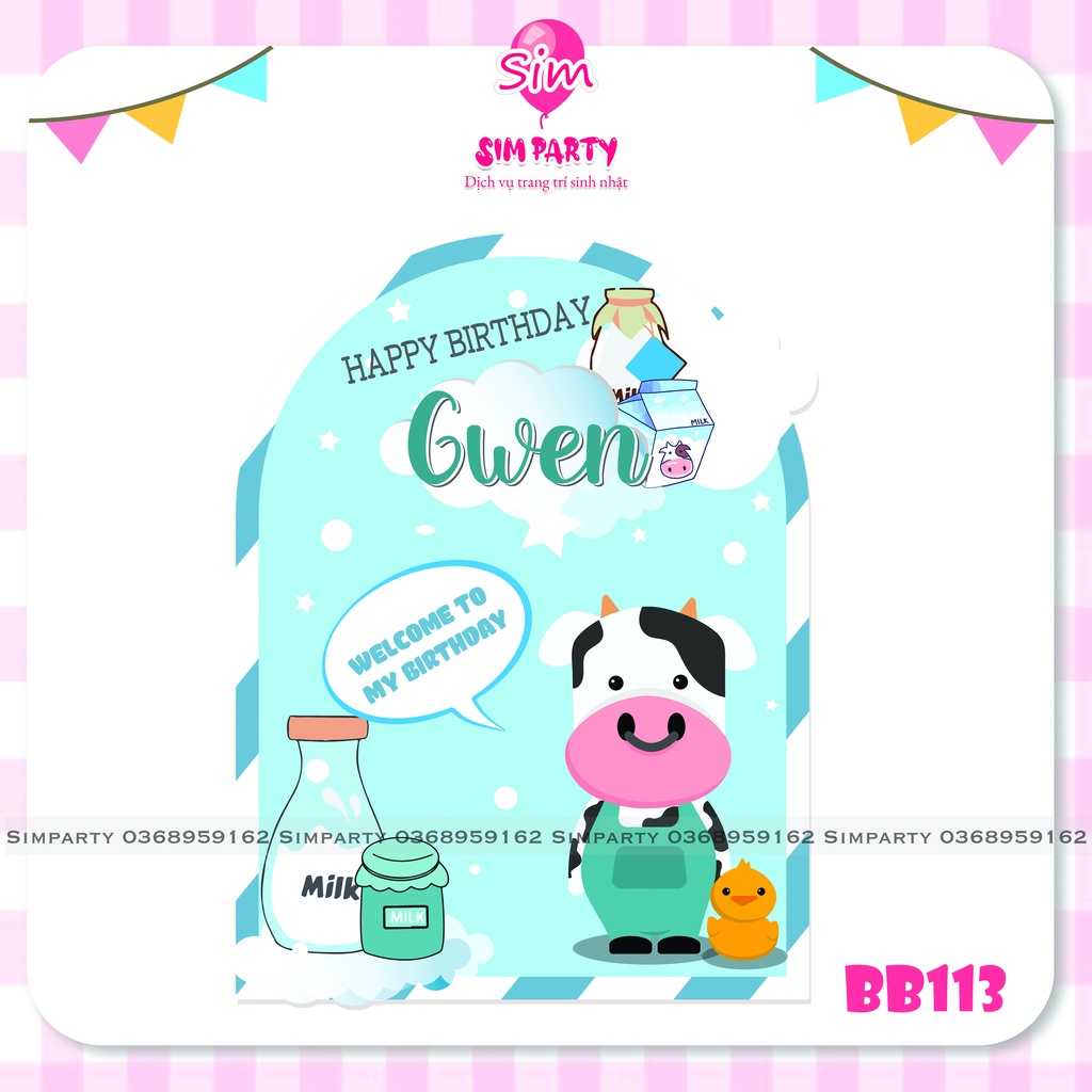 Backdrop trang trí sinh nhật bé trai bé gái phông bạt vải Silk, Hiflex in trực tiếp theo tên bé