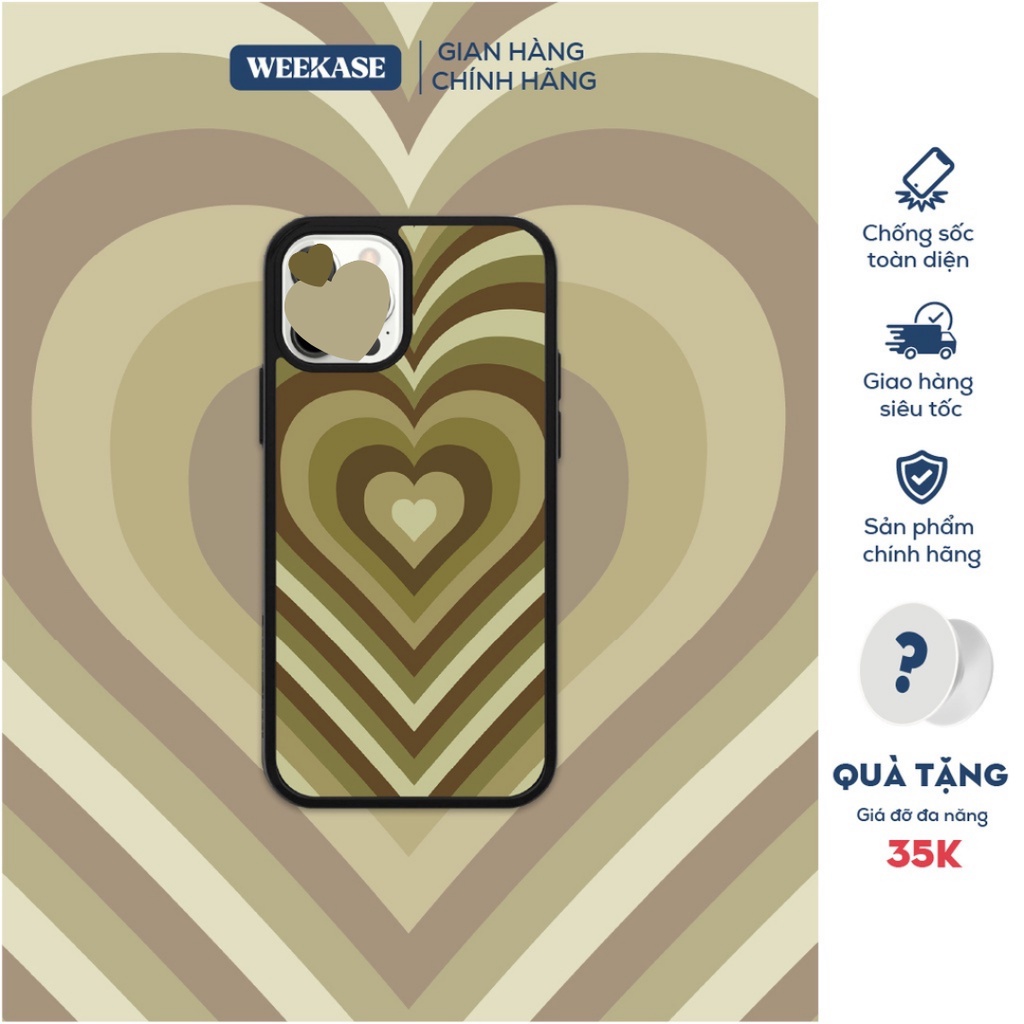 Ốp lưng iPhone viền trắng, đen Weekase in hình nhiều trái tim màu xanh rêu, tất cả dòng máy