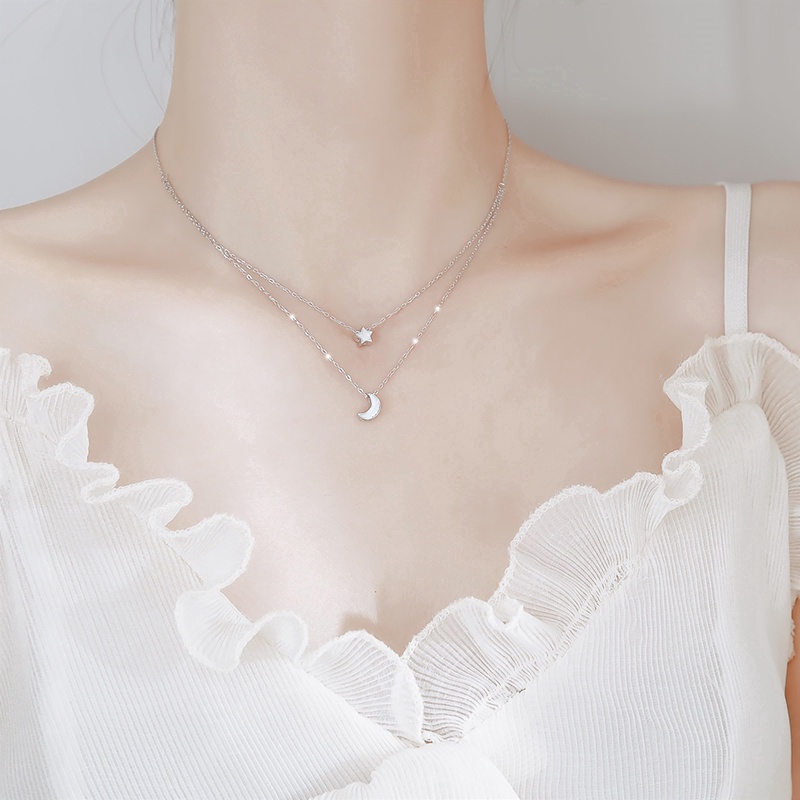 Vòng cổ hai lớp mạ bạc hình trăng sao thanh lịch