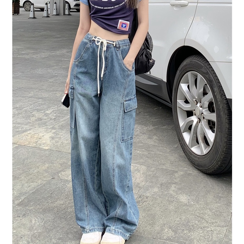 Quần Jean Lưng Cao Ống Suông Rộng Thời Trang Retro Hiphop Cá Tính