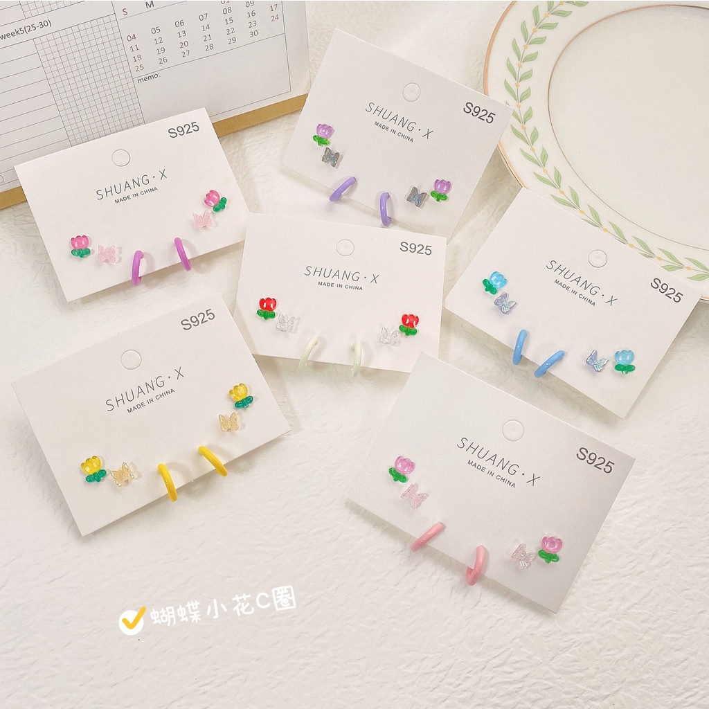 Set khuyên tai AY mạ bạc S925 thiết kế tulip hoa bướm đá pha lê nhân tạo nhiều màu sắc tùy chọn thời trang cho nữ