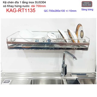 Kệ đựng chén  bát 70cm inox 304,  kệ úp chén dĩa 1 tầng có khay hứng nước inox KAG-RT1135