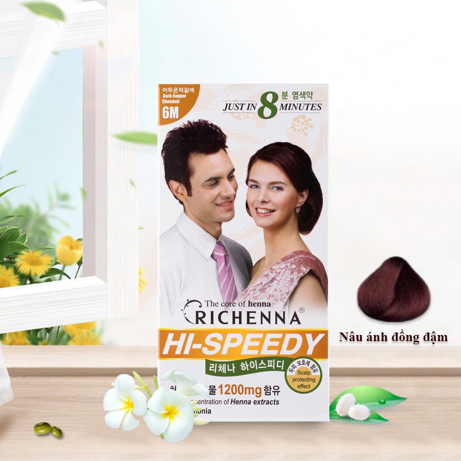 Thuốc nhuộm tóc phủ bạc thảo dược Richenna Hi-Speedy Color Hàn Quốc màu nâu ánh đồng 60G