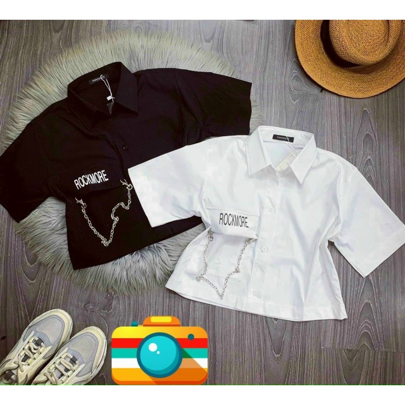 Áo sơ mi nữ tay ngắn phối nắp túi kiểu móc xích độc lạ chất kate form croptop tôn dáng xinh