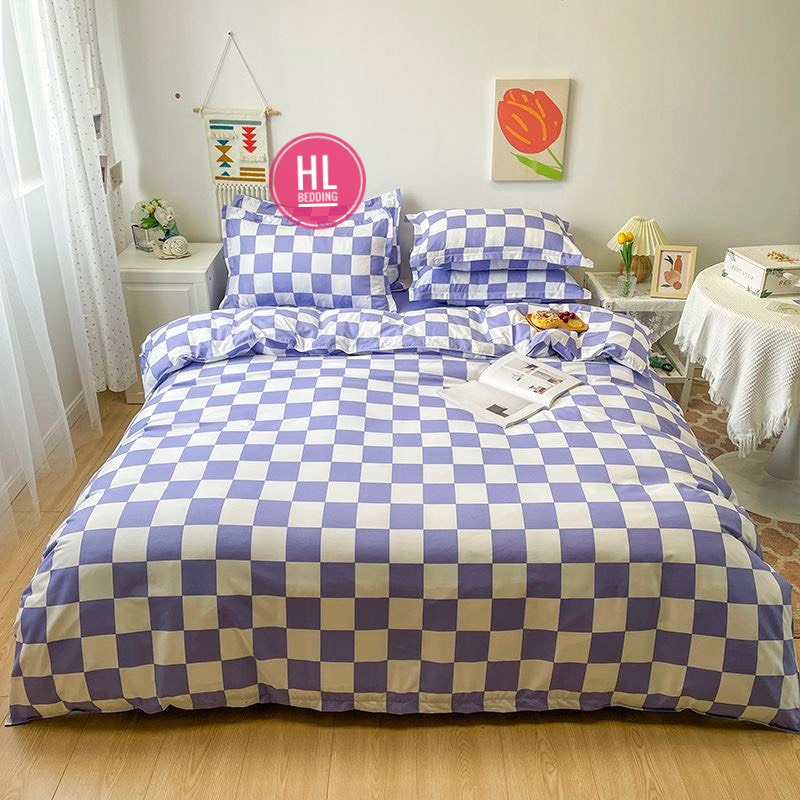 Bộ chăn ga Cotton Poly HL bedding chăn ga Hàn Quốc Bàn cờ vua caro ô vuông tím trắng đủ size miễn phí bo chun
