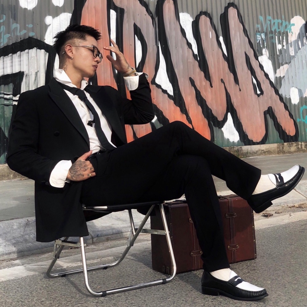 Giày Penny Loafer Black off White da thật đế phíp CK-01