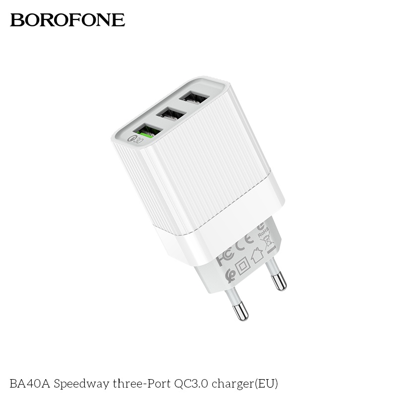 Củ sạc nhanh 18W-QC3.0 BOROFONE BA40A gồm 3 cổng USB dòng 3A - Chính hãng