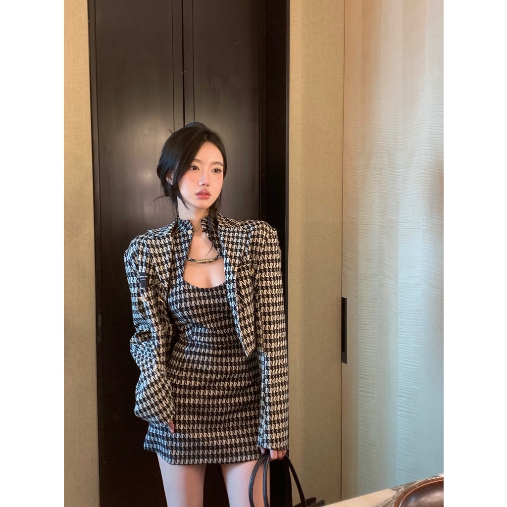 Đầm ôm / Áo khoác họa tiết ca rô thanh lịch thời trang dành cho nữ