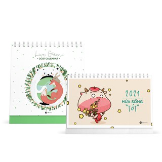 Combo lịch bàn SDstationery 2021 - Lịch ngang chữ nhật HỨA SỐNG TỐT (con trâu) và Lịch đứng vuông LIVE GREEN (sống xanh)