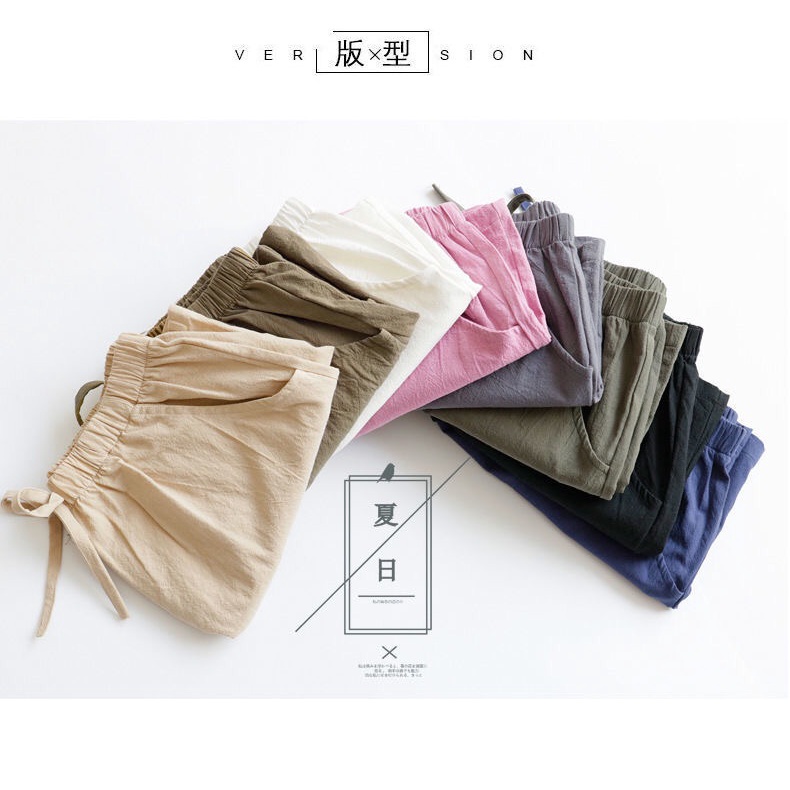 Quần Short Cotton Lanh Lưng Cao Ống Rộng Plus Size Cho Nữ