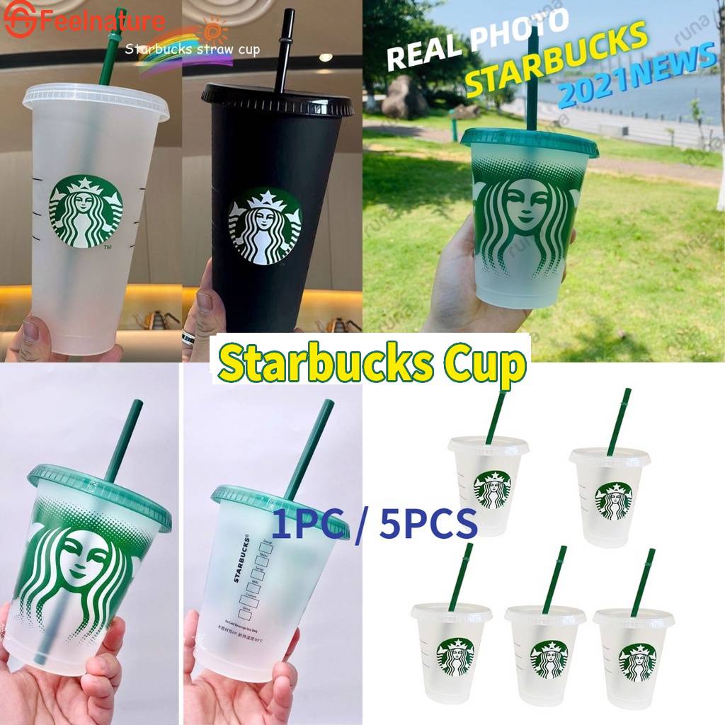 🍒100% nguyên bản 🍒1 / 5 miếng cốc Starbucks có thể tái sử dụng Cốc thủy tinh trong suốt có nắp ống hút cốc đầy màu sắc cốc nhựa đen cốc uống lạnh