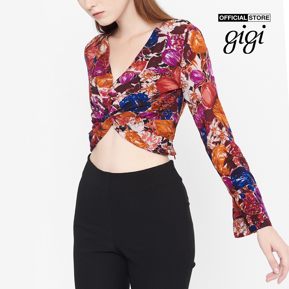 Gigi - Áo croptop nữ cổ V tay dài ống loe Interlock Twist G1106211202S-12