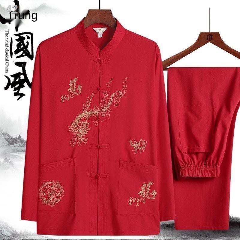XBộ đồ Tang dài tay cho người trung niên và cao tuổi Nam mùa xuân thu mỏng ngắn phong cách Quốc ông nội bố thêu t