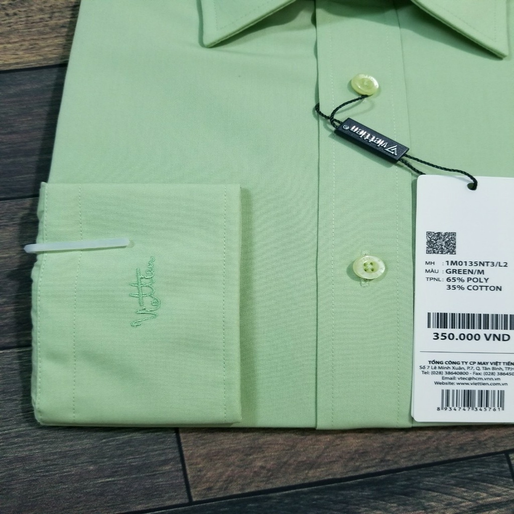 Áo sơ mi nam Việt tiến tay dài màu xanh bơ ,chính hãng , cao cấp – form suông  REGULAR- tà bầu