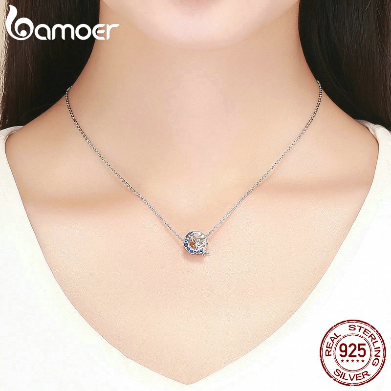 Bamoer Mặt Dây Chuyền Bạc 925 Hình Thiên Thần Và Mặt Trăng Xanh Charms