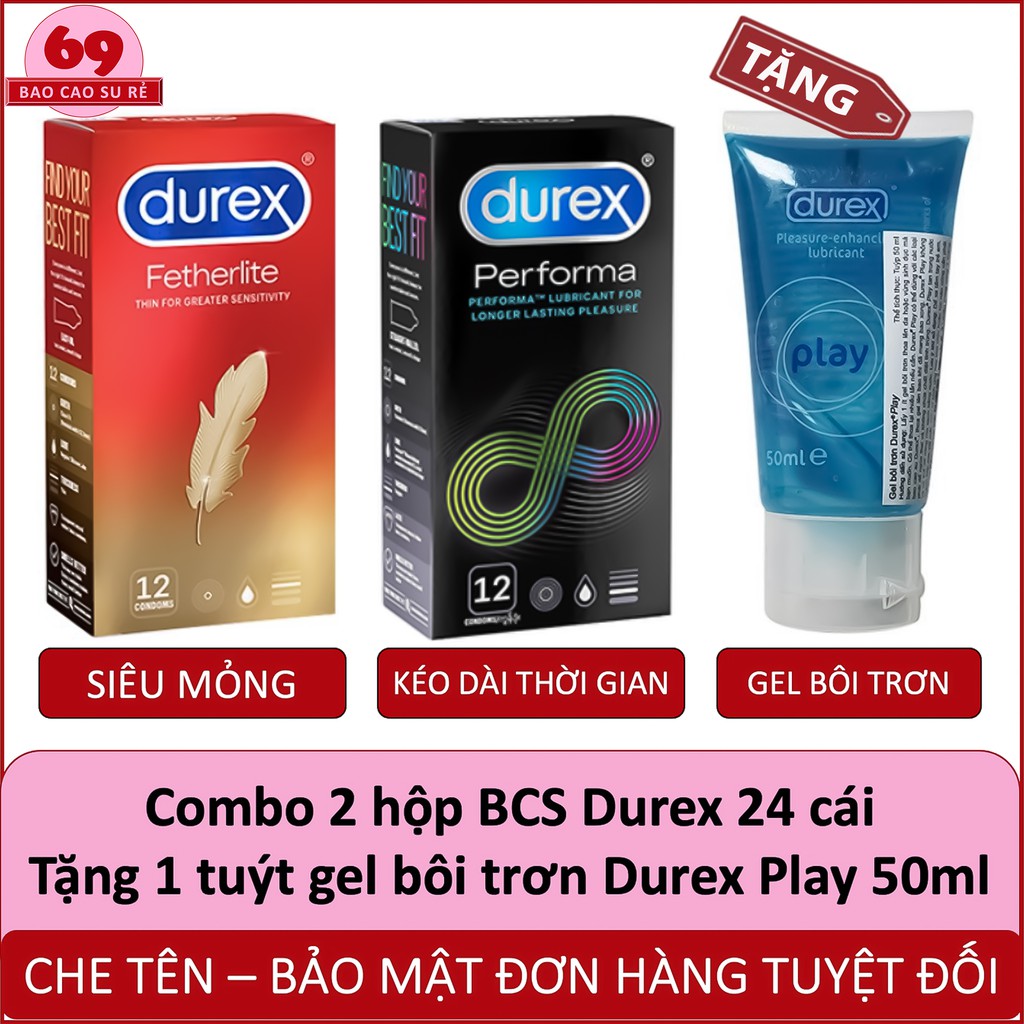 [DEAL HOT] Combo 2 Hộp 24 Cái Bao Cao Su SIÊU MỎNG Durex Fetherlite + KÉO DÀI CUỘC YÊU Durex Performa + 1 Chai Gel Play