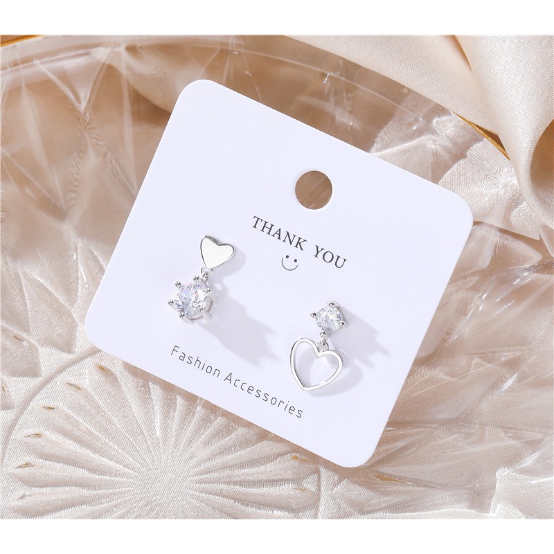 Bông Tai Bạc S925 Trái Tim Đôi Kết Đá CZ Bất Đối Xứng Dễ Thương | Khuyên Tai Nữ Trang Sức Bạc