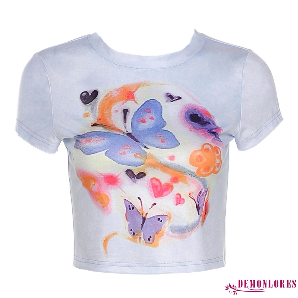 Áo croptop ôm tay ngắn nhuộm màu hình con bướm cho nữ
