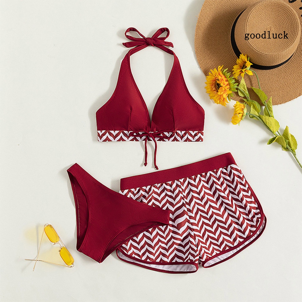 Bộ Đồ Bơi 3 Mảnh Quần Short Lưng Thun Phối Dây Cột Thời Trang Quyến Rũ Cho Nữ