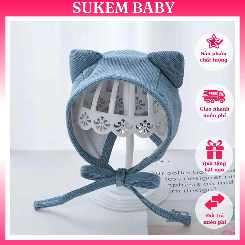 Mũ nỉ cotton hình tai mèo có dây buộc cho bé , Mũ Trẻ Em