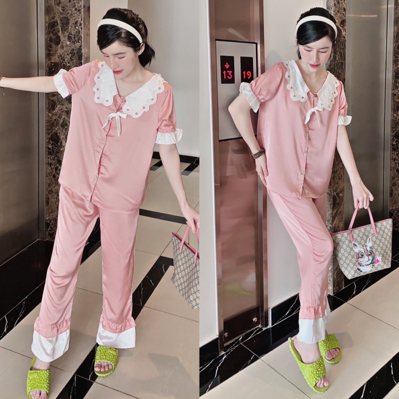 [DƯỚI 62KG] Đồ bộ Lụa tay ngắn quần dài bèo mặc nhà dễ thương