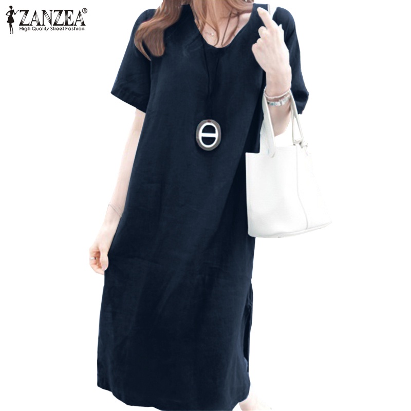 Đầm midi ZANZEA tay ngắn cổ tròn xẻ tà thời trang cho nữ