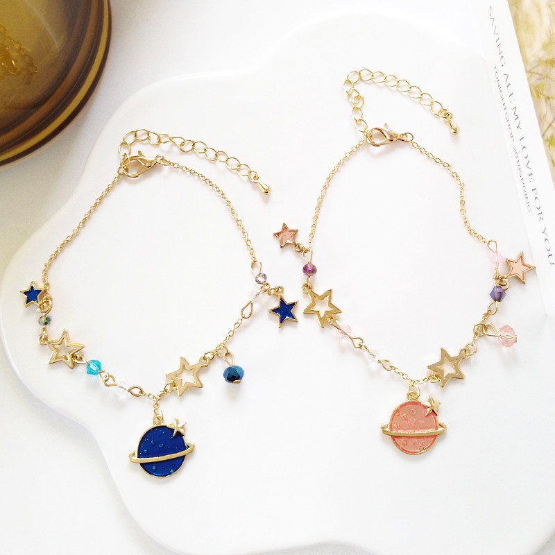 Vòng Tay Chuỗi Hạt Đính Mặt Hình Hành Tinh Màu Xanh Dương Và Ngôi Sao Lãng Mạn Sang Trọng Dành Cho Nữ