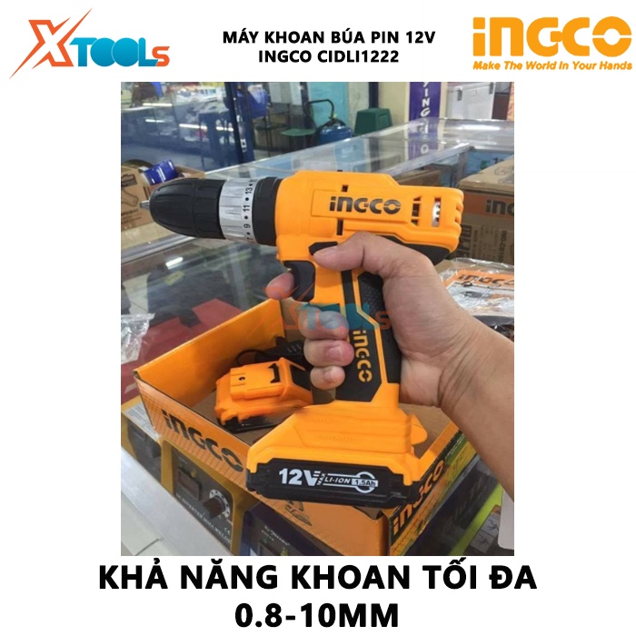 Máy khoan búa dùng pin cầm tay 12V 10mm Ingco CIDLI1222 tốc độ 1350rpm, nhông 2 tốc độ, kèm theo 2 pin 2ah, 1 sạc, điện