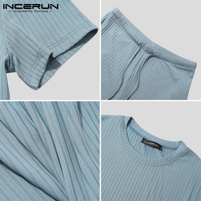 Bộ Quần Short + Áo INCERUN Tay Ngắn Kẻ Sọc Có Dây Rút Thời Trang Mùa Hè Cho Nam