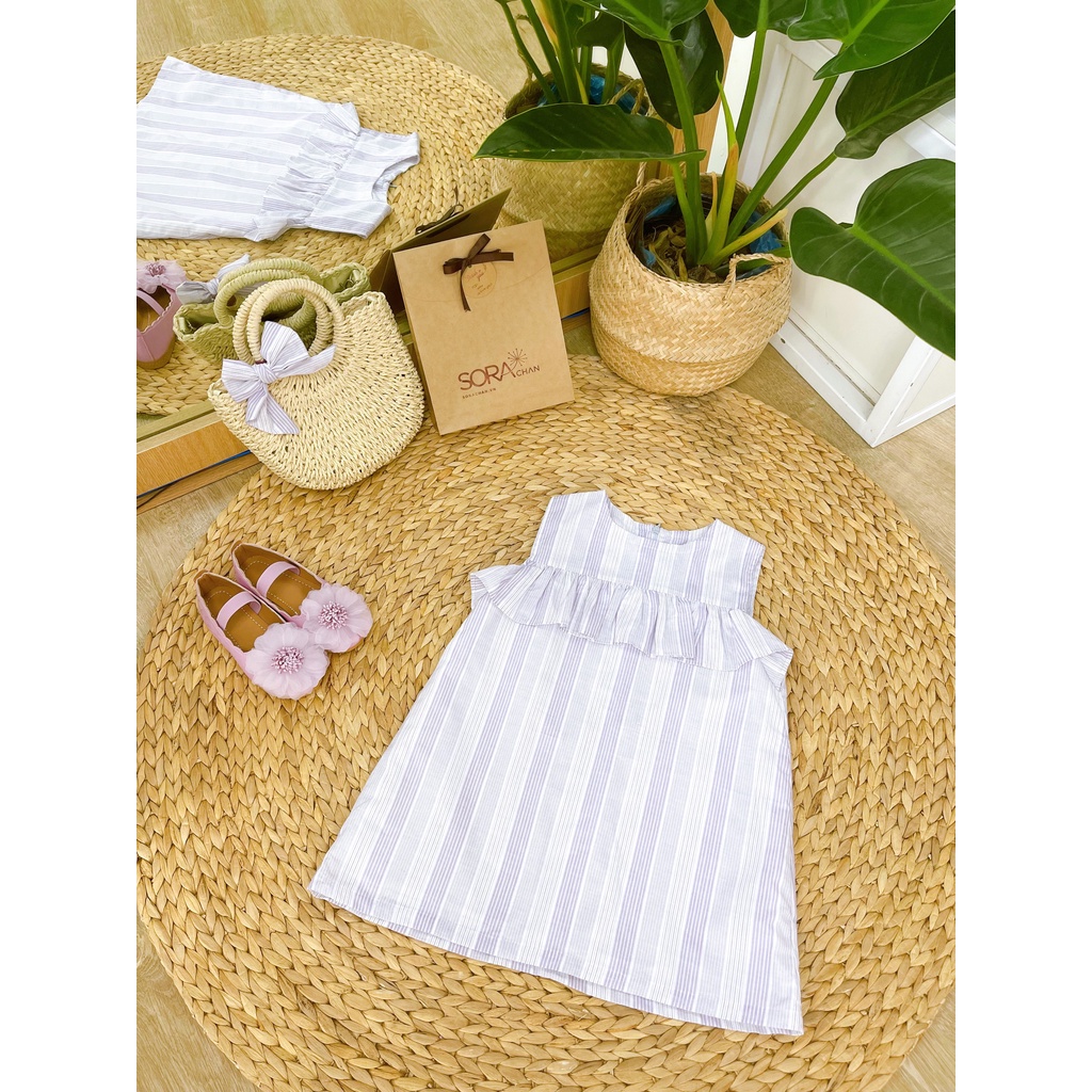 Váy đầm suông sát nách kẻ sọc tím xếp ly bèo ngực Sora Chan - M014