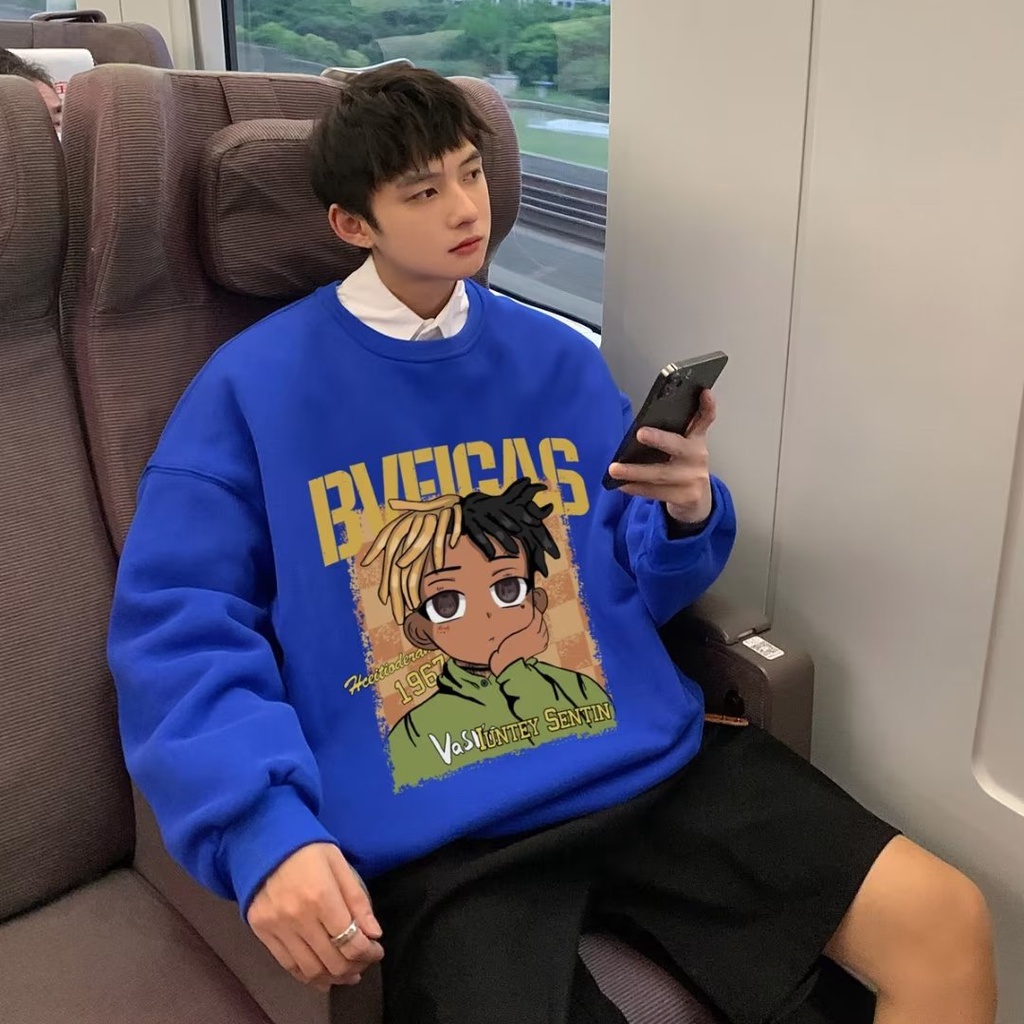 Áo Sweater Tay Dài Cổ Tròn Dáng Rộng In Họa Tiết Hoạt Hình Phong Cách Hip hop Thời Trang Mùa Thu Cho Nam
