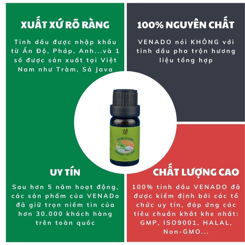 Tinh dầu thiên nhiên Sả Chanh 10ml đuổi muỗi cực tốt nguyên chất 100% Venado essential oils lemongrass