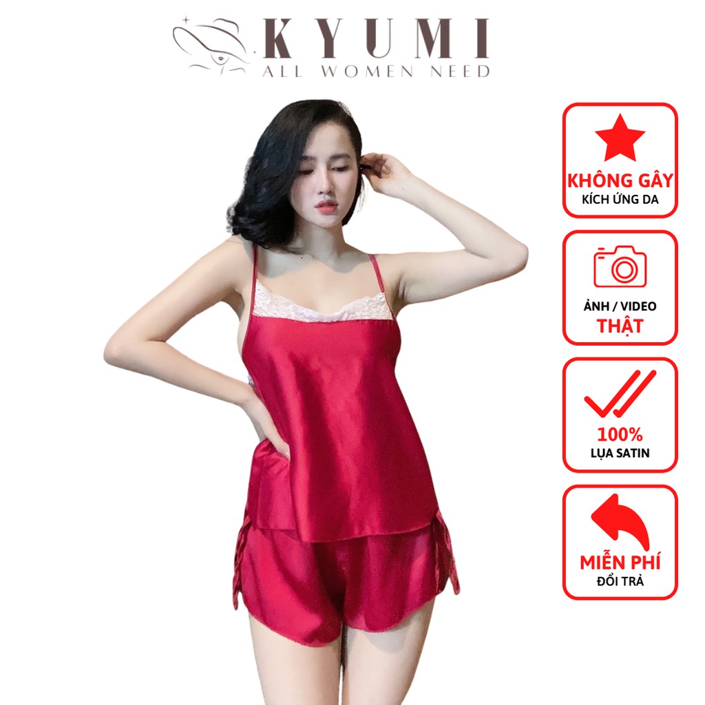 Đồ ngủ 2 dây phối ren KYUMI OFFICIAL, chất liệu lụa satin cao cấp mềm mại gợi cảm, freesize dưới 60kg 027