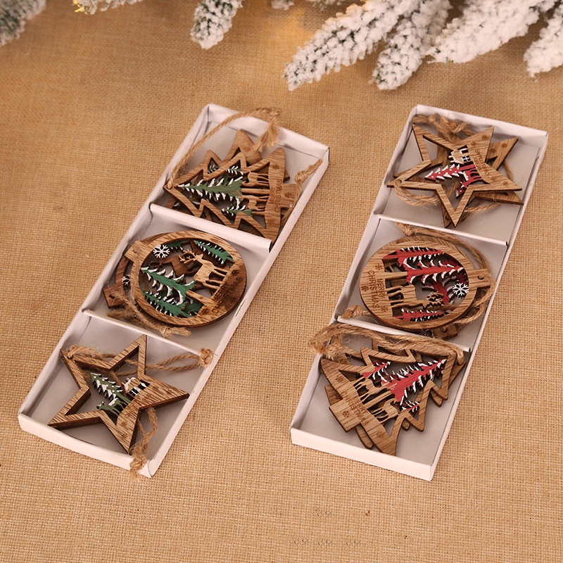 Set 6 phụ kiện treo trang trí cây thông noel bằng gỗ