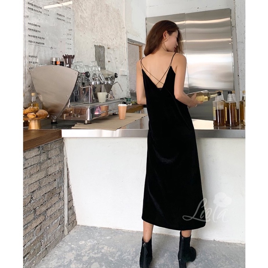 Đầm váy dài dáng suông maxi 2 dây chất liệu Nhung cao cấp mịn đẹp sang trọng thích hợp đi làm hoặc dự tiệc TK Liola