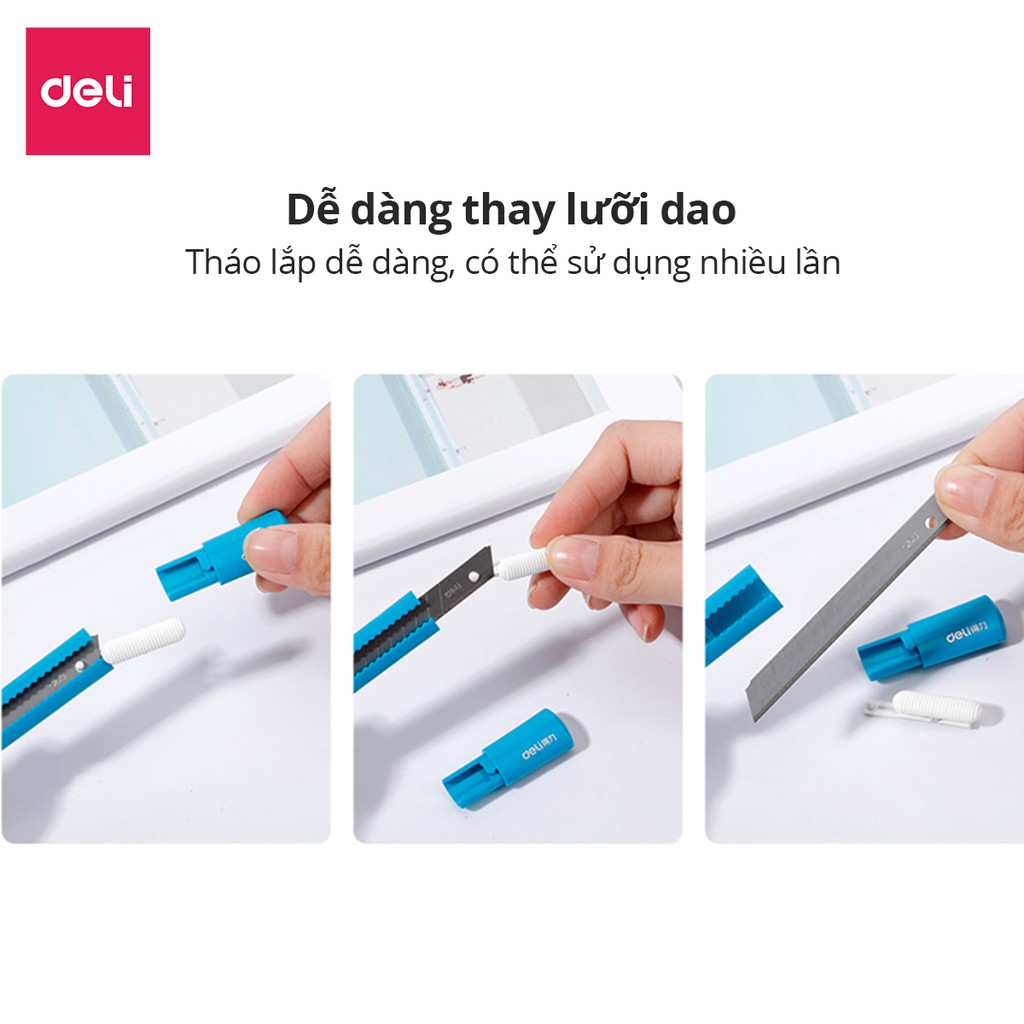 Dao rọc giấy mini nhỏ 80mm Deli - 4 màu Xanh dương/ Cam/ Trắng/ Vàng - 2025