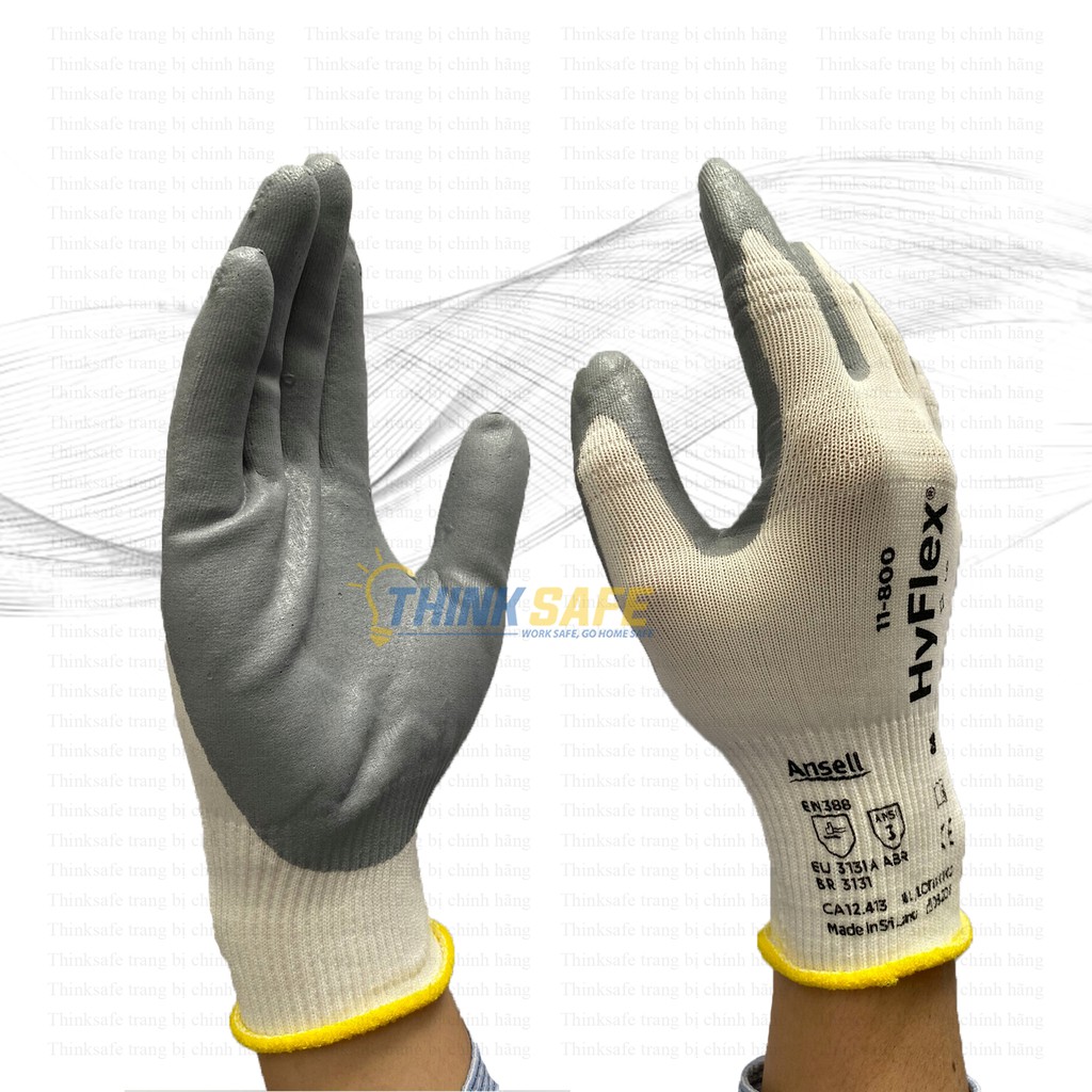 Găng tay đa dụng Hyflex ANSELL 11-800  phủ Nitrile dầy, ôm khít tay, chống bám dầu mỡ (trắng xám) - Thinksafe