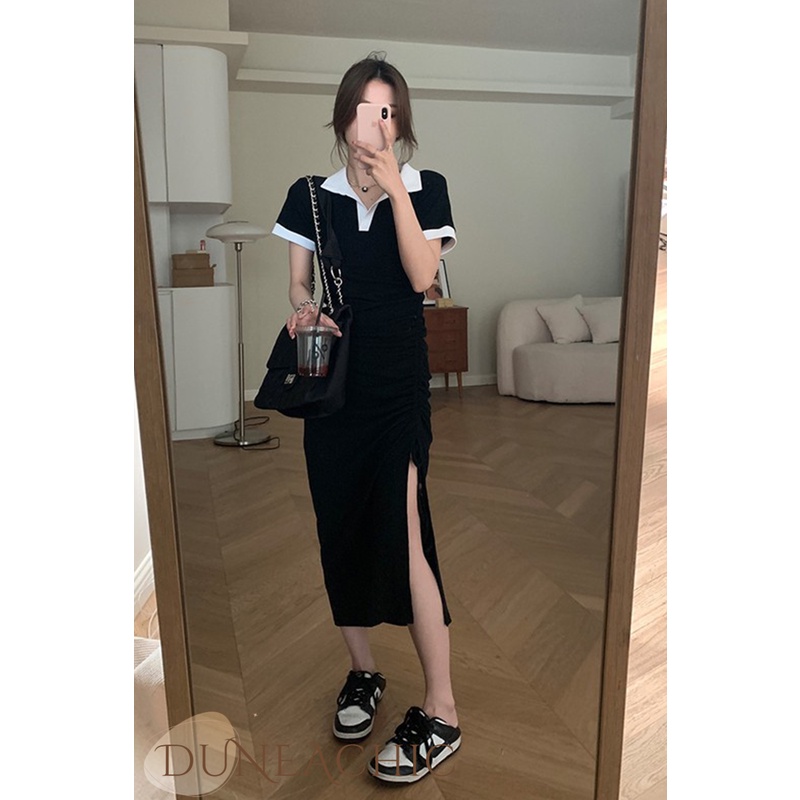 DUNEA Đầm Cổ Polo Rút Dây Xếp Ly Xẻ Tà Màu Tương Phản Quyến Rũ Cho Nữ