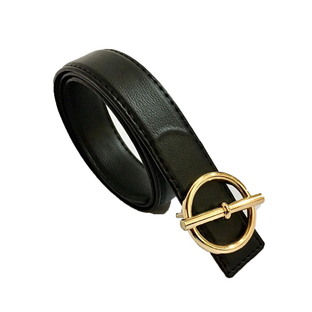 [FREE SHIP 99K] Dây thắt lưng nam chất da cao cấp mặt tròn cực sang MTD02 (mặt vàng,dây đen)